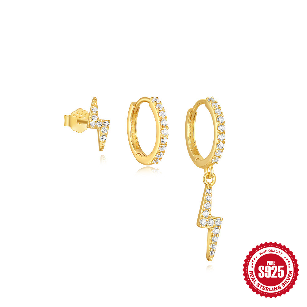 Europeo y americano transfronterizo s925 plata de ley estilo ins simple orejeras clásicas estrella de cinco puntas corona relámpago juego de diamantes