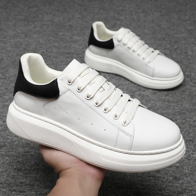 First-Layer Cowhide Men's White Shoes, Fashionable and Casual Thick-Soled Mcqueen Sneakers, White Versatile and Comfortable Height-Increasing Men's Shoes