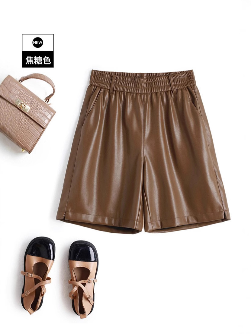 海寧本革ショートパンツ レディース 2025秋冬 羊革パンツ ハイウエスト ワイドレッグ 細見え ブーツパンツ 脚長効果