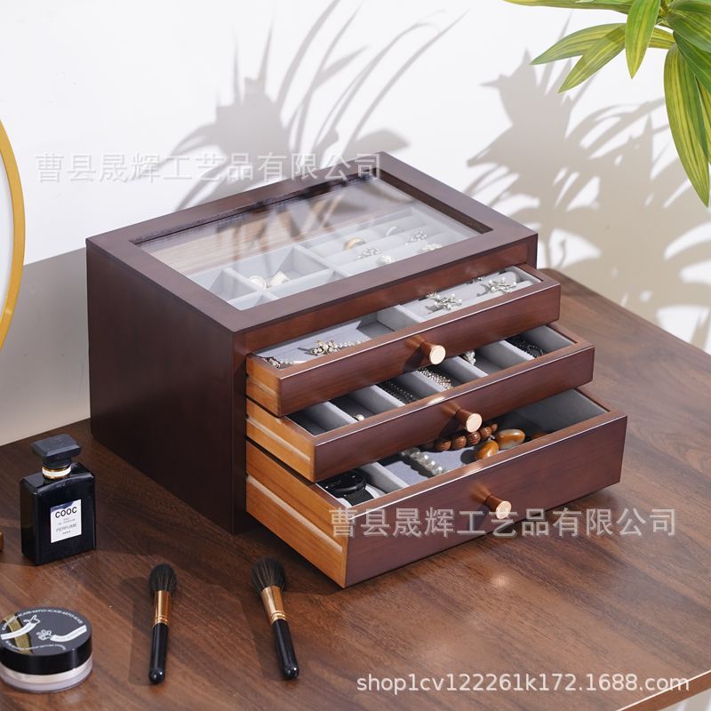 古風胡桃色アクセサリーケースロック付き防塵洗練された指輪木製レトロ引き出し式実木アクセサリー収納ケース|undefined