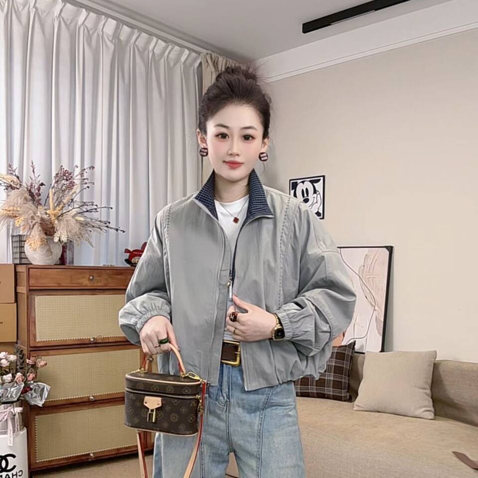 Áo khoác bóng chày nữ dáng ngắn rộng rãi phong cách casual, dài tay cổ bẻ khóa kéo — Màu xám đậm, Xanh kaki, Xanh khói, màu đen chi tiết 6