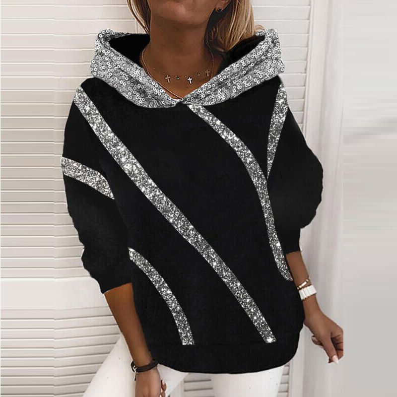 sequin Printed Loose Hooded Sweater NSYF68088