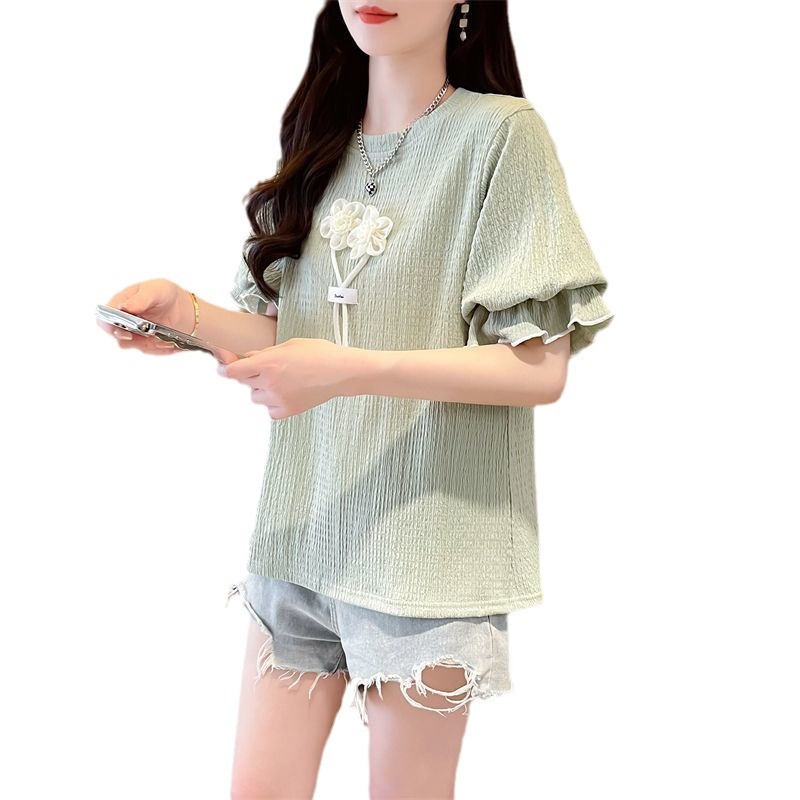 Sensación de diseño de nicho camiseta de manga corta con manga de hoja de loto para mujer verano versión coreana suelta de gran tamaño para mujer color de contraste pequeño top image 6
