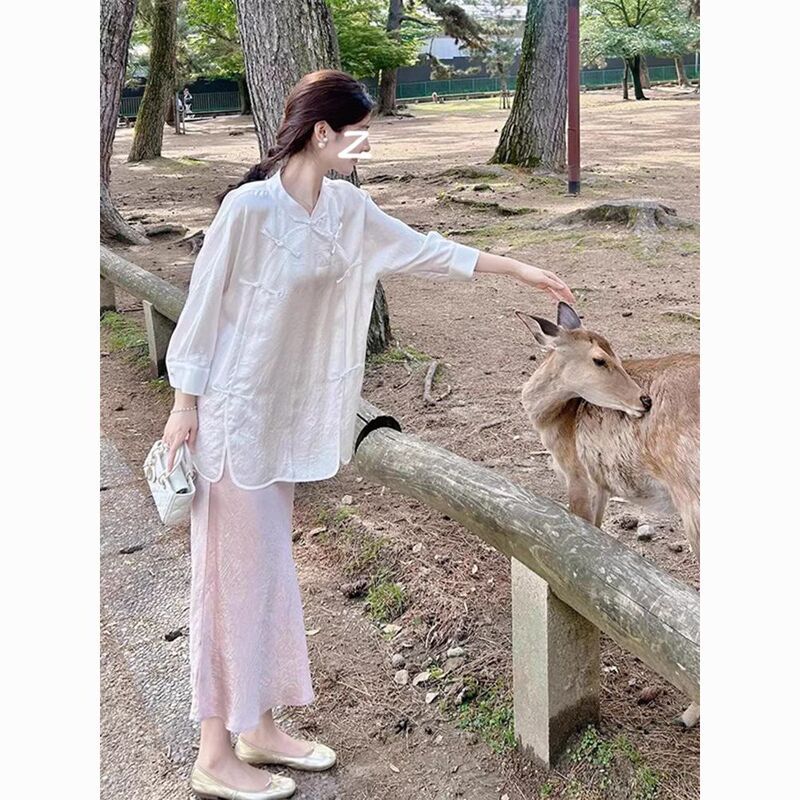 New Chinese Style Cool Zen-Inspired Hanfu Modified Dress Early Autumn White Button-Up Shirt and Skirt Set