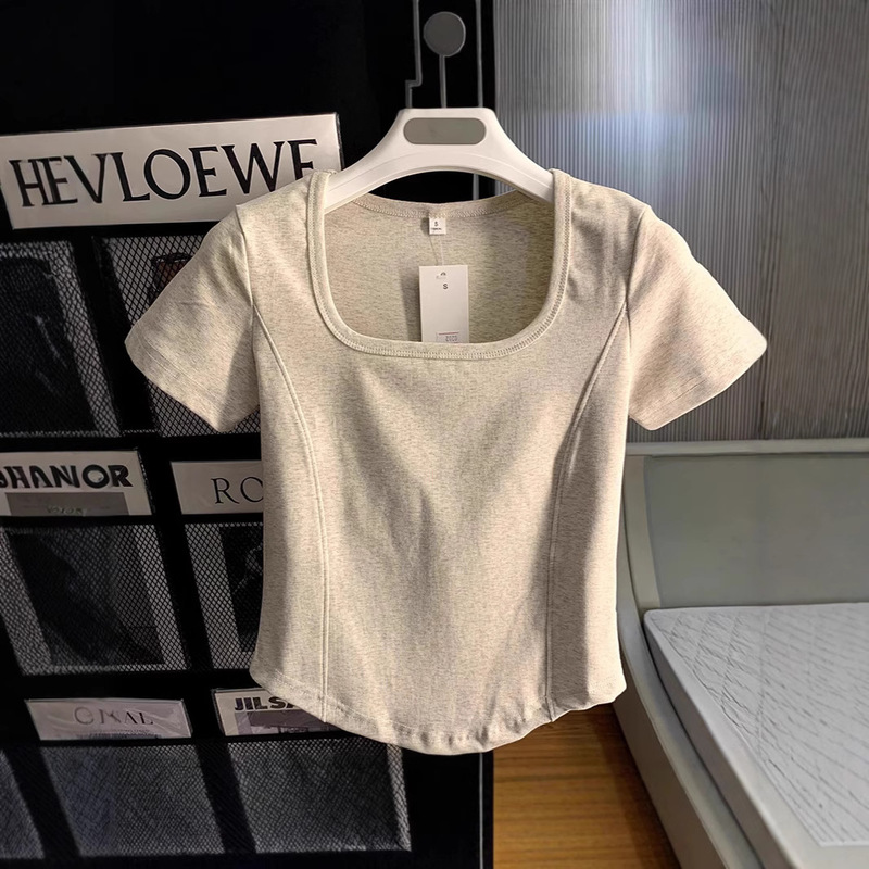 High-end Square Collar Shoulder Short-sleeved T-shirt Women's Solid Color Summer Curved Hem Slim-fit Slimming Short Fishbone Top