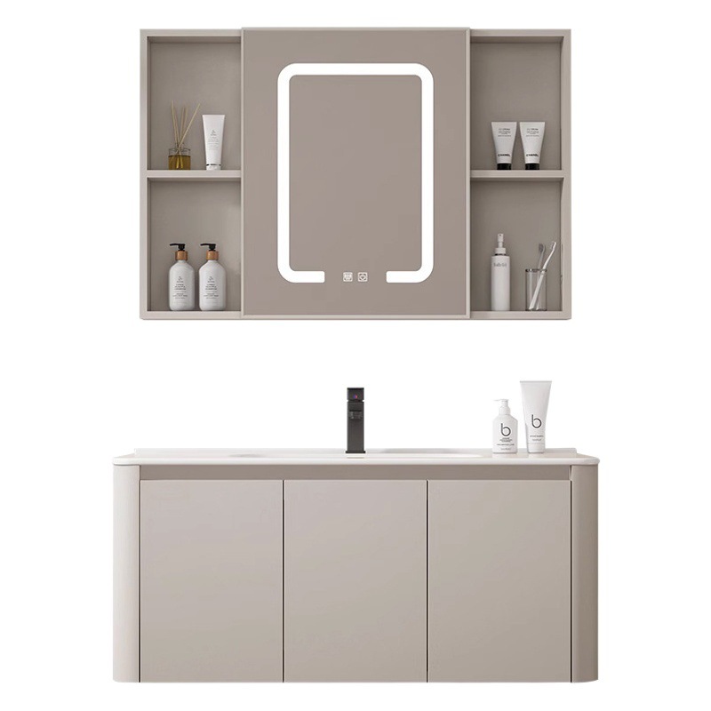 Instalación de aire de crema de aluminio espacio gabinete de espejo de baño combinación cerámica moderna lavabo lavabo gabinete de baño fabricante