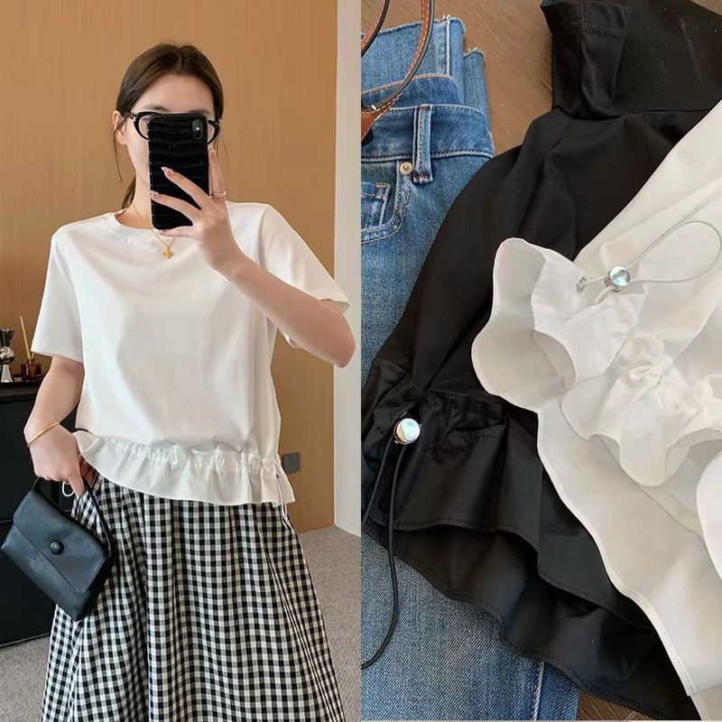 Two-Way Drawstring T-Shirt! Designer Style Adjustable Patchwork Ruffle Hem Short-Sleeve Summer Round-Neck T-Shirt for Women L2634H Two-Way Drawstring T-Shirt! Designer Style Adjustable Patchwork Ruffle Hem Short-Sleeve Summer Round-Neck T-Shirt for Women L2634H