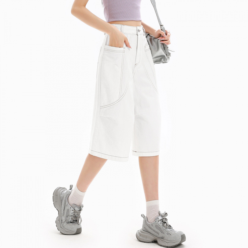 Blanco recto cinco pantalones cortos de vaqueros de mujer nuevo diseño de línea clara sensación de cintura alta suelta delgada pantalones de piernas anchas