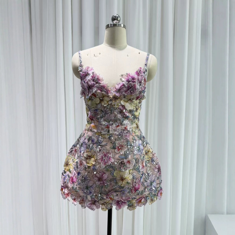 European and American niche socialite sexy strap dress, exquisite style, light luxury fashion, three-dimensional floral colorful embroidered short dress for women