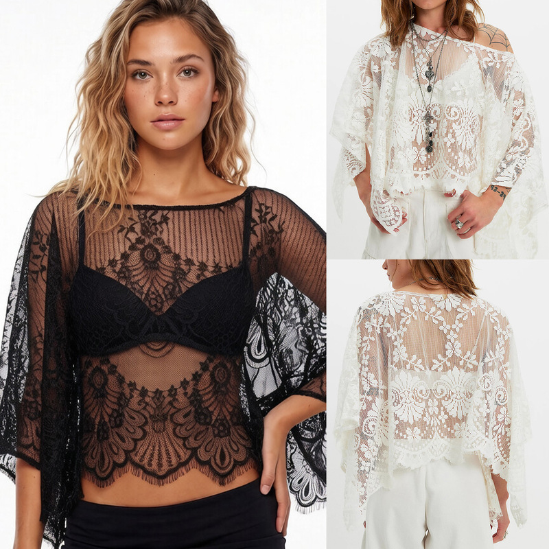 In-Stock European and American Cross-Border New Women's Clothing Sexy Lace See-Through Pure Desire Short Top T-Shirt Cover-Up 4367