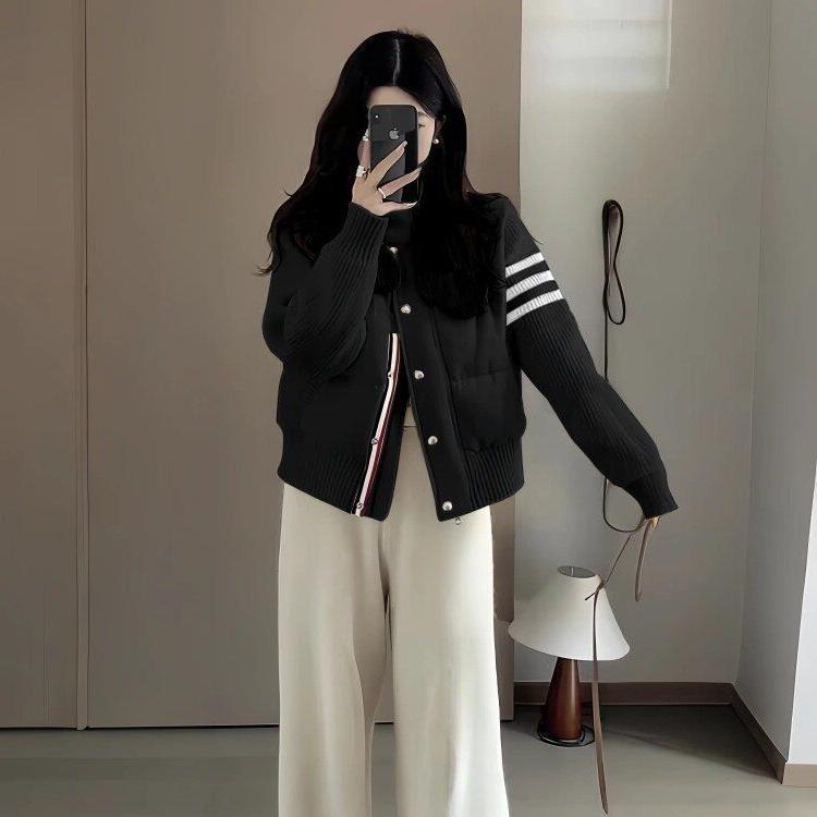 小个子穿搭针织拼接羽绒棉服女短款TB冬季休闲外套女立领棉衣加厚|undefined