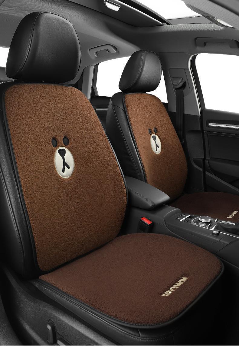 Brown Bear Car Seat Cushion Winter Plush Single-Piece Warm Car Mat Lamb Wool Rear Seat Universal Seat Cover for All Seasons