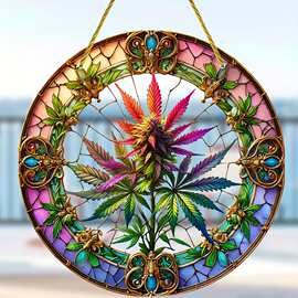 神秘1pc丙烯酸大麻叶设计太阳捕手-6x6 “圆形彩色塑料窗挂
