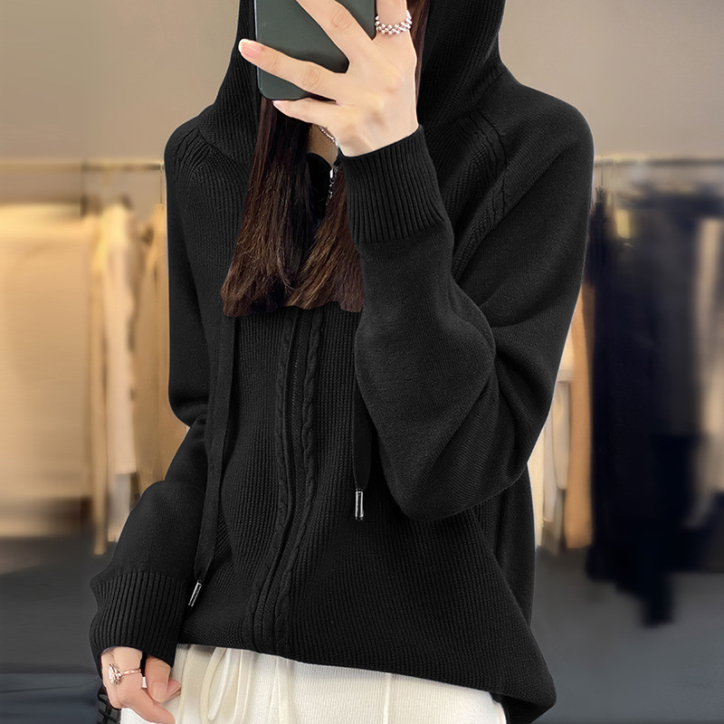 秋冬季连帽开衫女冬百搭针织打底宽松毛衣休闲针织衫纯色外套批发|undefined