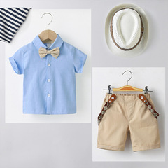 跨境歐美童裝夏季短袖蝴蝶結背帶褲兒童衣服寶寶一件代發男童套裝