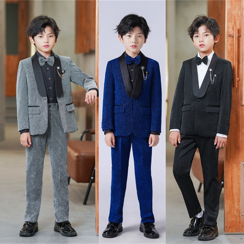 22儿童西装演出服男童花童礼服亮丝西服男孩帅气英伦模特走秀西装