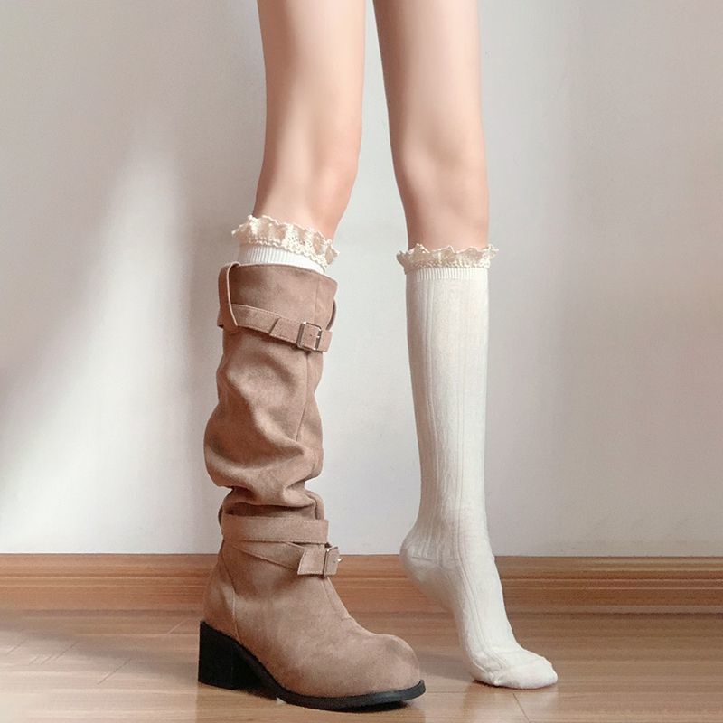 Milk White Lace Calf Socks with Long Boots Japanese-style Twist Stacks Women's Autumn and Winter All-match Knee-length Socks