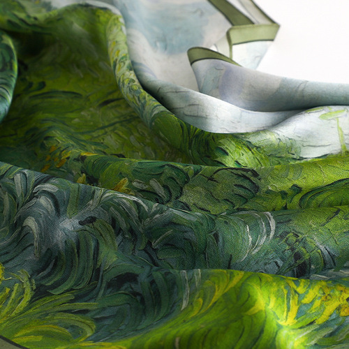 Green pastoral style mulberry silk high-end silk printed thin long scarf temperament silk scarf shawl dual use for mom