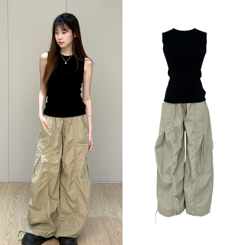In Stock: Zhang Ruonan's Same Style Half-High Collar Elastic Sleeveless Vest for Women + Drawstring Large Pocket Workwear Wide-Leg Pants
