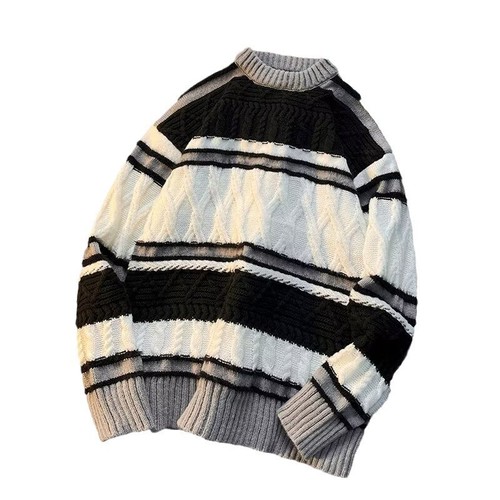 Sweater for Men in Autumn/Winter, Youth Striped Contrast Color Knitwear Jacket, Japanese Trend Brand Retro Lazy Style Woolen Sweater