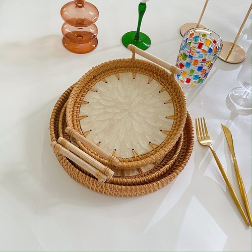 Shell-woven double-ear rattan fruit round tea tray basket woven breakfast basket bread basket pastry basket