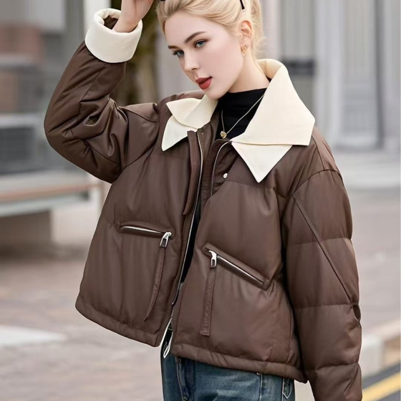 2025羽绒棉服女新款针织翻领皮衣短款冬季新款保暖棉袄外套PU棉厚|undefined
