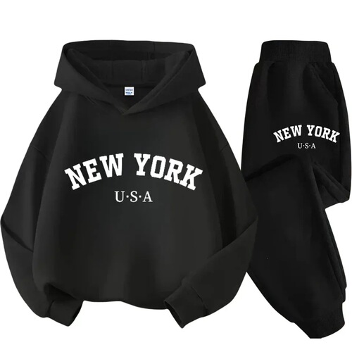 Children's black sports outdoor letterprint hooded sweatshirt 3-12 years old boys and girls casual suit