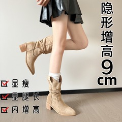 2025新款磨砂绒面V口西部牛仔靴女复古中筒靴粗跟套筒堆堆靴显瘦