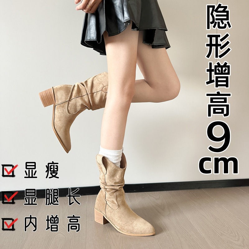 2025新款磨砂绒面V口西部牛仔靴女复古中筒靴粗跟套筒堆堆靴显瘦|undefined