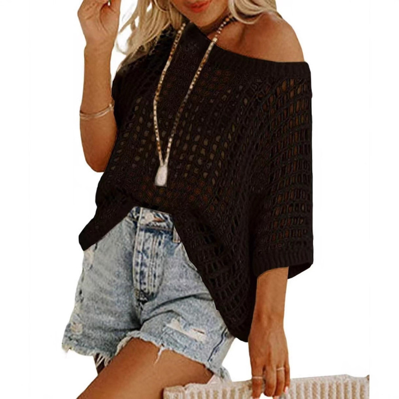 2025 Cross-Border Foreign Trade Summer Half-Sleeve Sexy Hollow-Out Pullover Beach Cover-Up Knitted Sweater for Women 2025 Cross-Border Foreign Trade Summer Half-Sleeve Sexy Hollow-Out Pullover Beach Cover-Up Knitted Sweater for Women