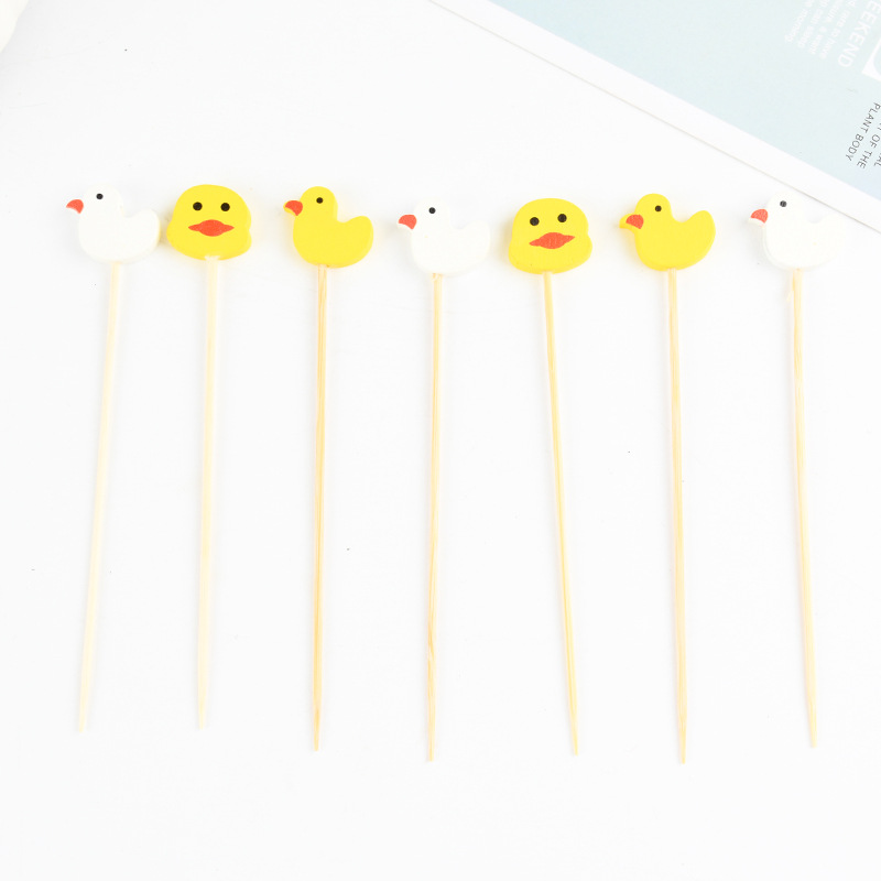 Inventario mayorista desechable palo de bambú animal pato fruta palo de restaurante supermercado prueba de palo de bambú creativo