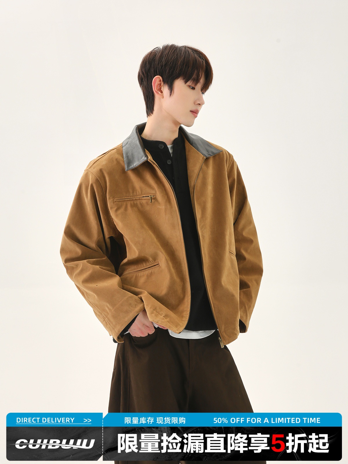 Kişi üçün retro üslubda dəri yaxalı jaket