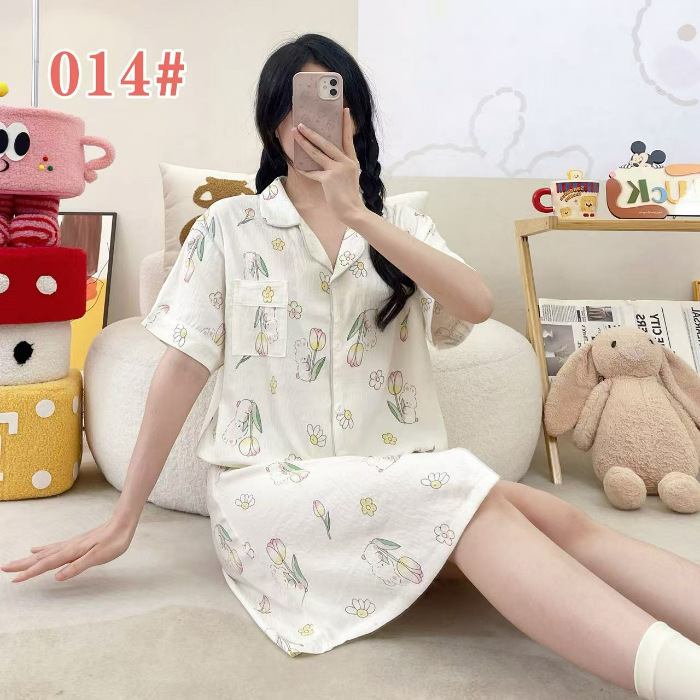 Pijama de verano de manga corta cardigan con solapa impresión de dibujos animados nubes de algodón dulce suelto medio largo vestido transfronterizo