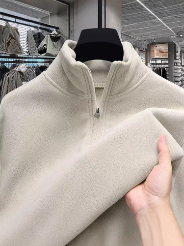 Polar velvet coat, men's high-quality stand-neck half-zipper sweater, solid color pullover, new American casual sports top