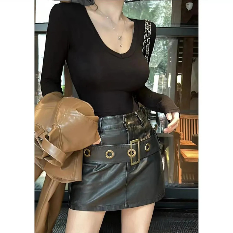 【Derong】Long-Sleeve Inner T-Shirt for Women 2023 Autumn New Versatile Trendy Slim Low-Neck Top Stylish