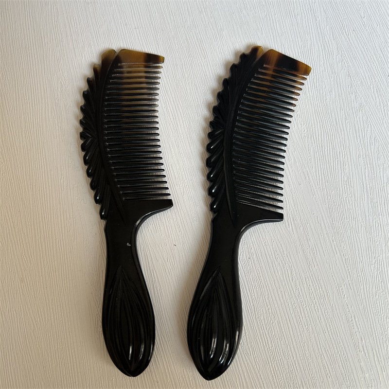 Yak Horn Comb 18cm Thick Carved Handle Comb Black Flower Pattern Hair Comb for Daily Grooming quality and texture