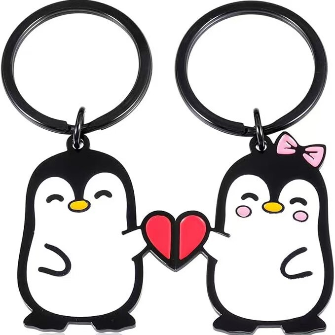 Amazon Cross-Border Best-Selling Cute Style Stainless Steel Penguin Couple Splicing Bag Keychain Pendant