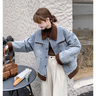 American Vintage Imitation Lamb Wool Denim Coat Women's Autumn and Winter 2024 New fleece-lined Thickened Lapel Cotton-padded Coat