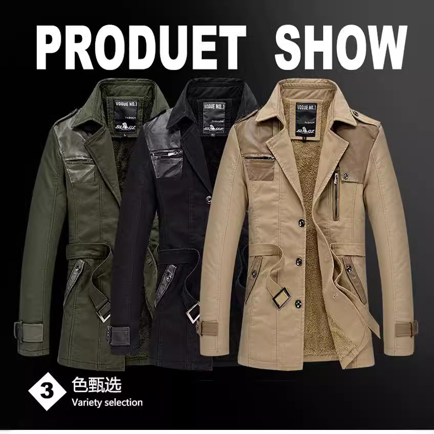 Gabardina para hombre, estilo transfronterizo, forrada de lana y gruesa, corte ajustado, chaqueta de longitud media para otoño e invierno, estilo casual, retro, para comercio exterior.