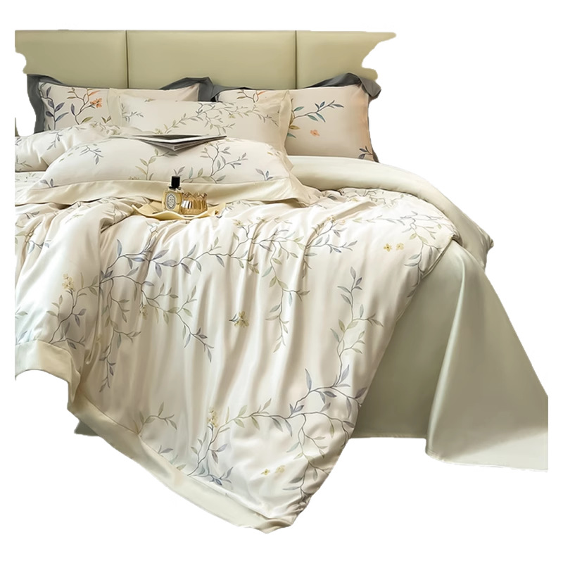 Cama de seda de hielo de verano de cuatro piezas de lujo ligero de alta gama 2025 nueva funda de edredón de sábana de tres piezas ropa de cama de seda lavada