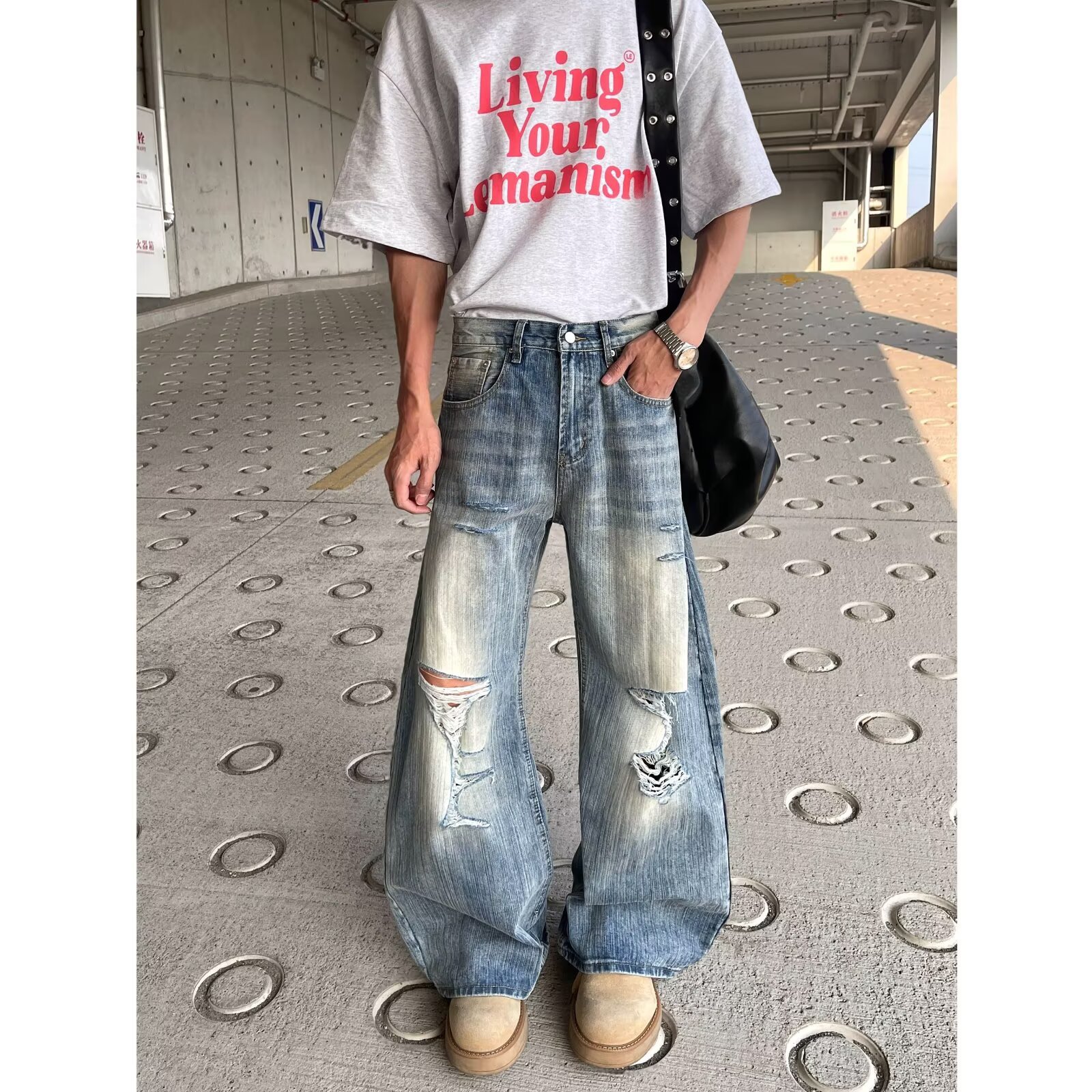 Unisex Distressed Denim Jeans | Relaxed Straight Leg Fit For Men And Women | Comfortable Stretch, Vintage Washed, Everyday Casual Style_viptrois.com