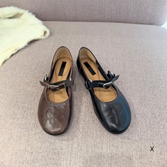 欧洲站XJ女鞋25秋冬时尚一字带软手抓纹胎牛皮圆头平底玛丽珍单鞋