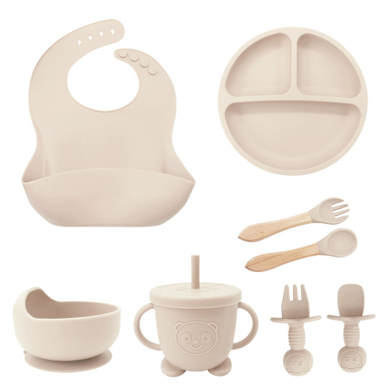 Eight-piece set (115g Bib + suction cup + bowl + straw cup + wooden fork spoon + bear fork spoon): Beige