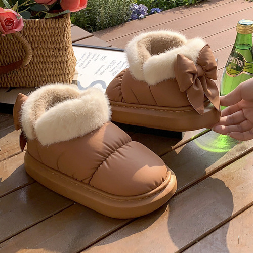 Bowknot Cotton Slippers Women Winter Padded Cotton Shoes  New Style Ins Girl's Fashion Warm Thick Bottom Outdoor Wear 