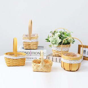 Wood Chip Flower Basket Portable Rattan Bamboo Basket Woven Basket Flower Shop Holiday Decoration Green Planting Flower Pot Willow Flower Arrange Flower Basket