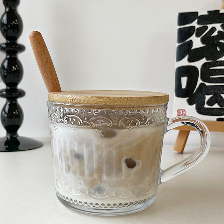 Taza de vidrio con tapa cuchara taza de leche con mango taza de café de alto aspecto hogar Retro en relieve taza de desayuno de avena