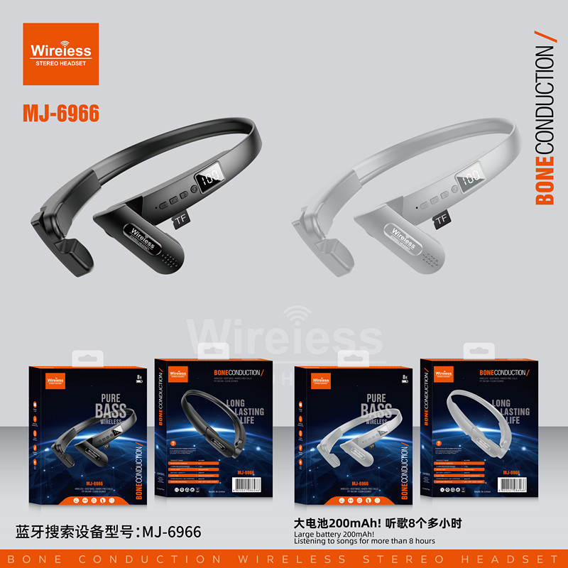 Cross-border new 6966 ear-mounted Bluetooth headset sports bone conduction digital display HD sound quality foreign trade export factory