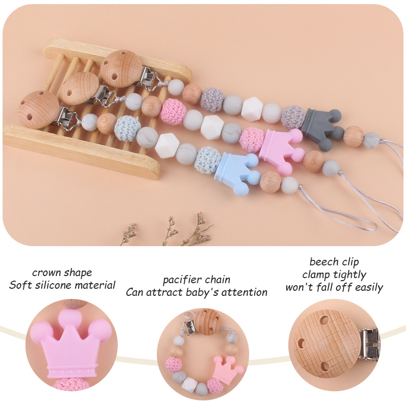 Suministros para bebés calmante clip de chupete de haya bebé anti-caída de la cadena de dibujos animados corona de silicona perlas mordedura molar chupete cadena