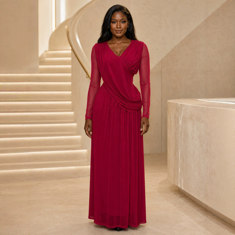0388 Red evening dress with mesh long sleeves, V-neck, lined, Christmas dinner dress, elegant and stylish long gown, wholesale