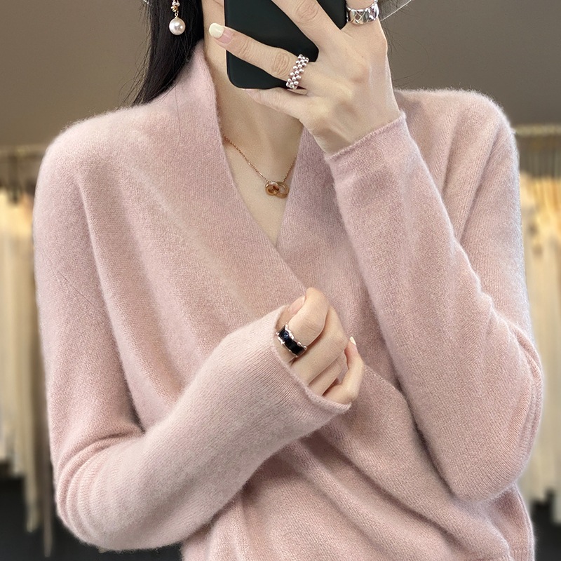 Cross V-neck Wool Sweater For Women Autumn And Winter Women's Fashion Wool Knitted Bottoming Sweater Inner Wear